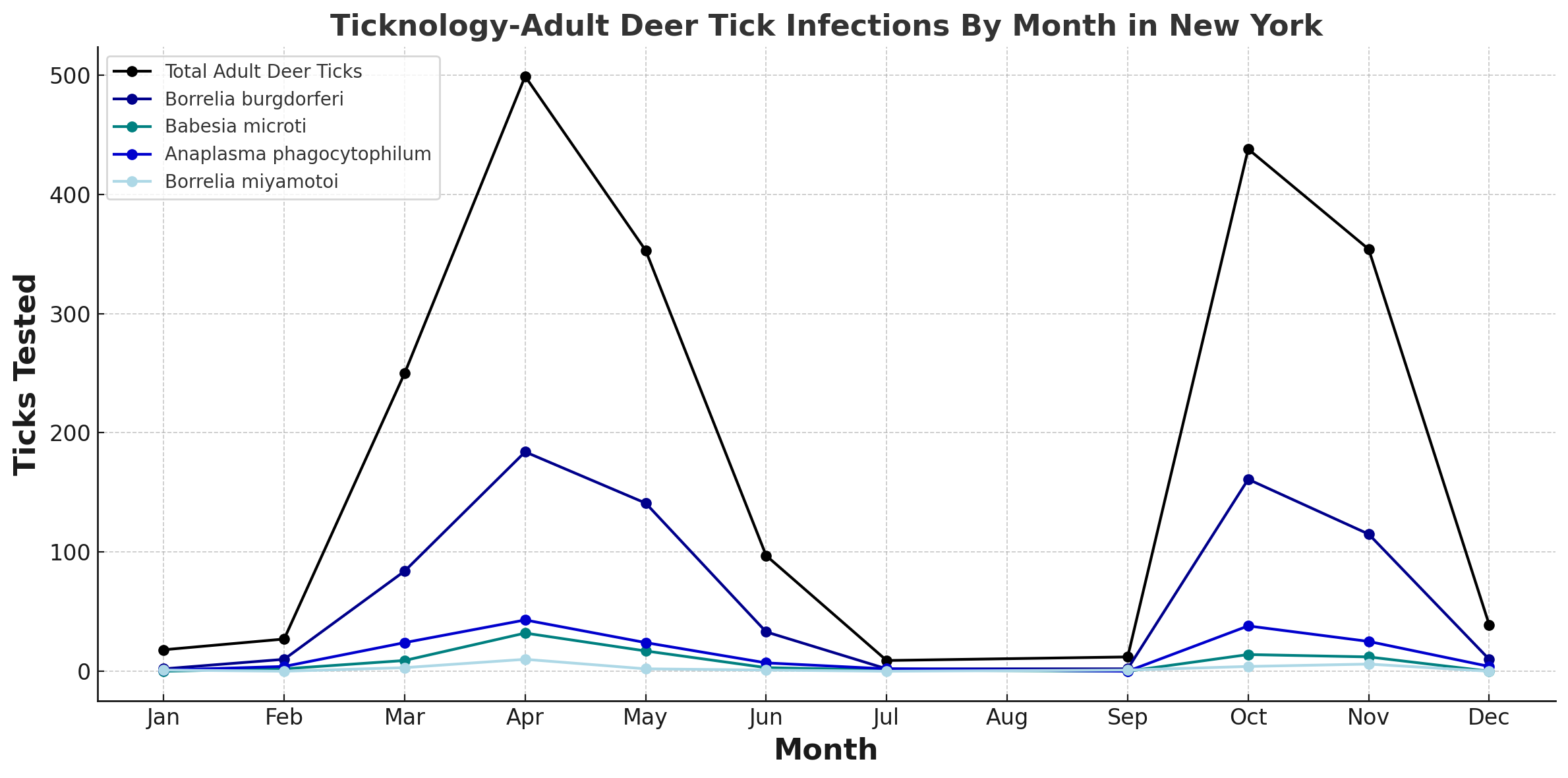 Tick testing for Lyme in adult deer ticks in New York by month