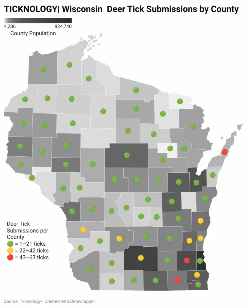 Map of Wisconsin comparing human population density with blacklegged (deer) tick encounter density by county. Includes a line graph showing seasonal nymphal and adult deer tick activity peaks in spring and fall.