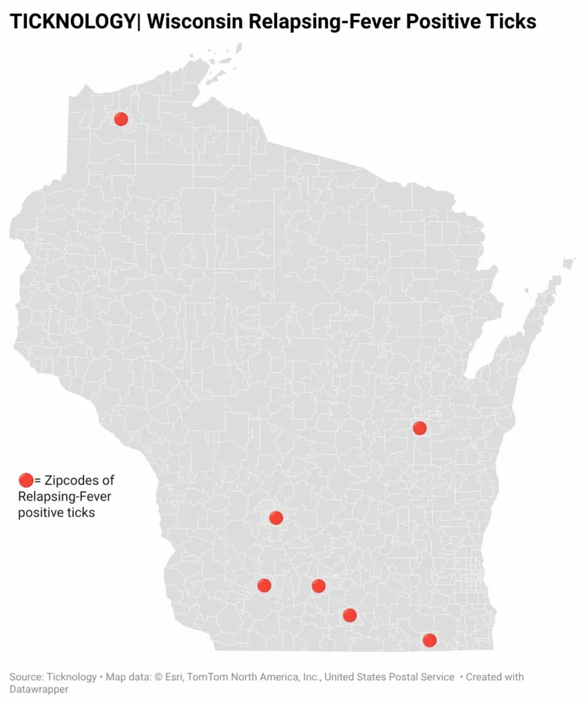 Map of Wisconsin illustrating specific zip codes where ticks submitted to Ticknology tested positive for Borrelia miyamotoi (HTRF). Red markers indicate clusters of positive cases across the state.